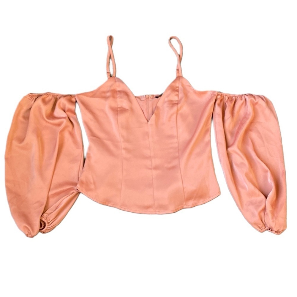 NWT Forever 21 Satin Corset Top Rust Orange Off Shoulder Long Puff Sleeve Size S - Picture 1 of 6